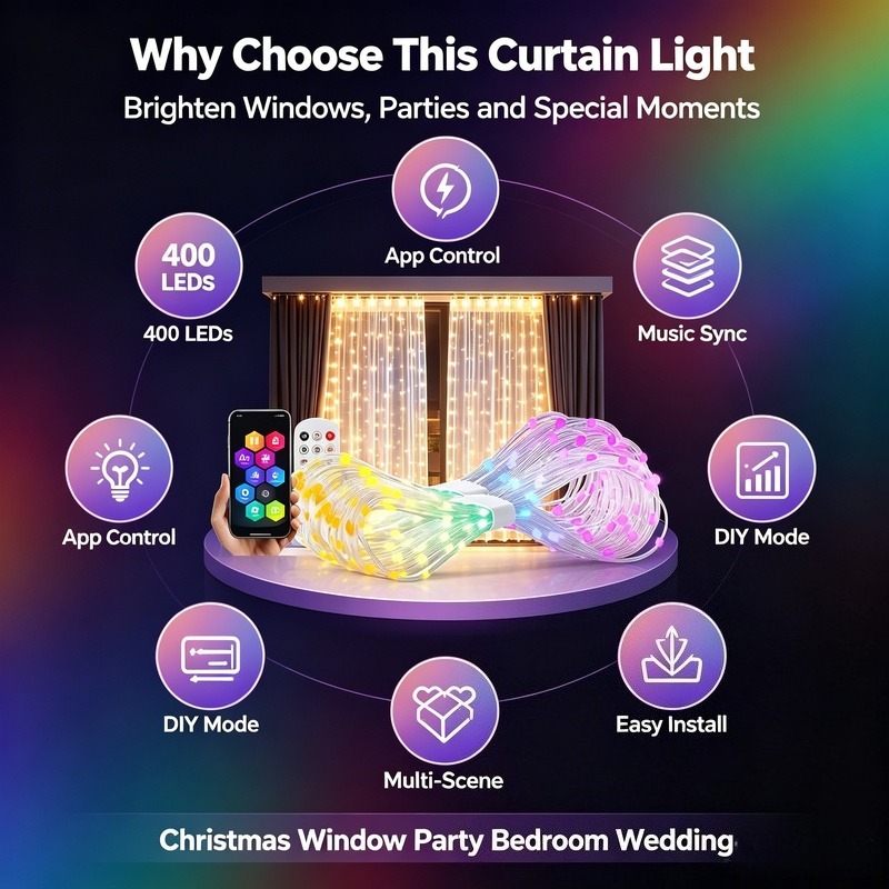 USB 전원 앱 제어 LED 커튼 조명, 크리스마스 창 - Lighting Christmas Decor 리뷰 및 가격